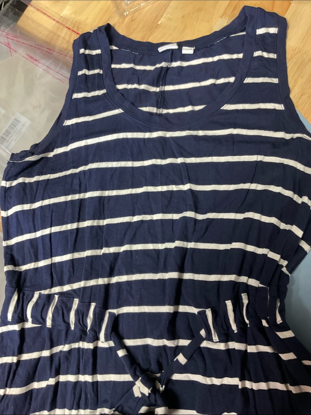 Striped Navy and White Rayon Knit Sleeveless‎ Handkerchief-Hem Dress #150
